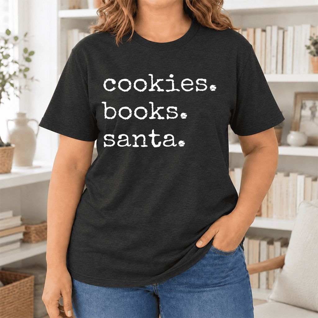 Cookies. Books. Santa. Ultra-Soft Cotton T-Shirt | Christmas Book Lover Gift Black Heather