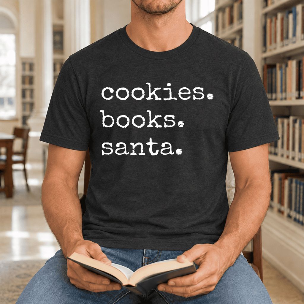 Cookies. Books. Santa. Ultra-Soft Cotton T-Shirt | Christmas Book Lover Gift Black Heather