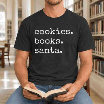Cookies. Books. Santa. Ultra-Soft Cotton T-Shirt | Christmas Book Lover Gift Black Heather