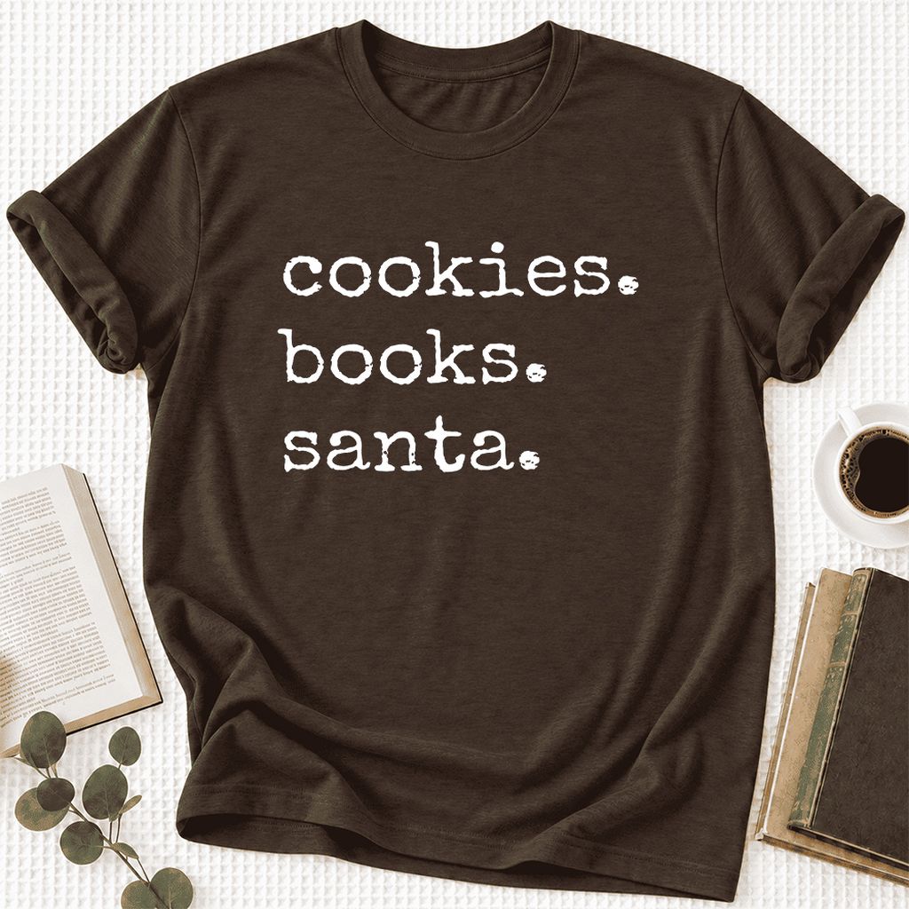 Cookies. Books. Santa. Ultra-Soft Cotton T-Shirt | Christmas Book Lover Gift Brown