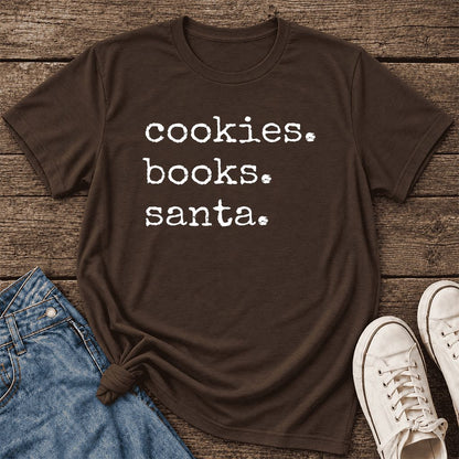Cookies. Books. Santa. Ultra-Soft Cotton T-Shirt | Christmas Book Lover Gift Brown