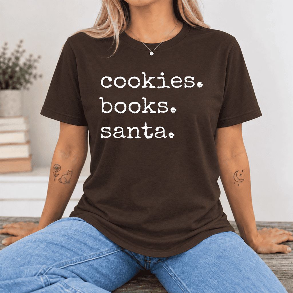 Cookies. Books. Santa. Ultra-Soft Cotton T-Shirt | Christmas Book Lover Gift Brown