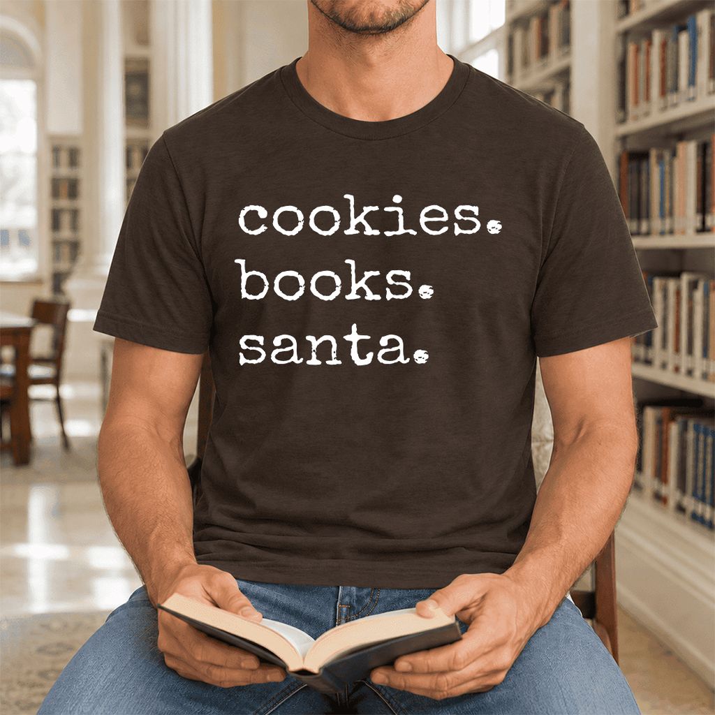 Cookies. Books. Santa. Ultra-Soft Cotton T-Shirt | Christmas Book Lover Gift Brown