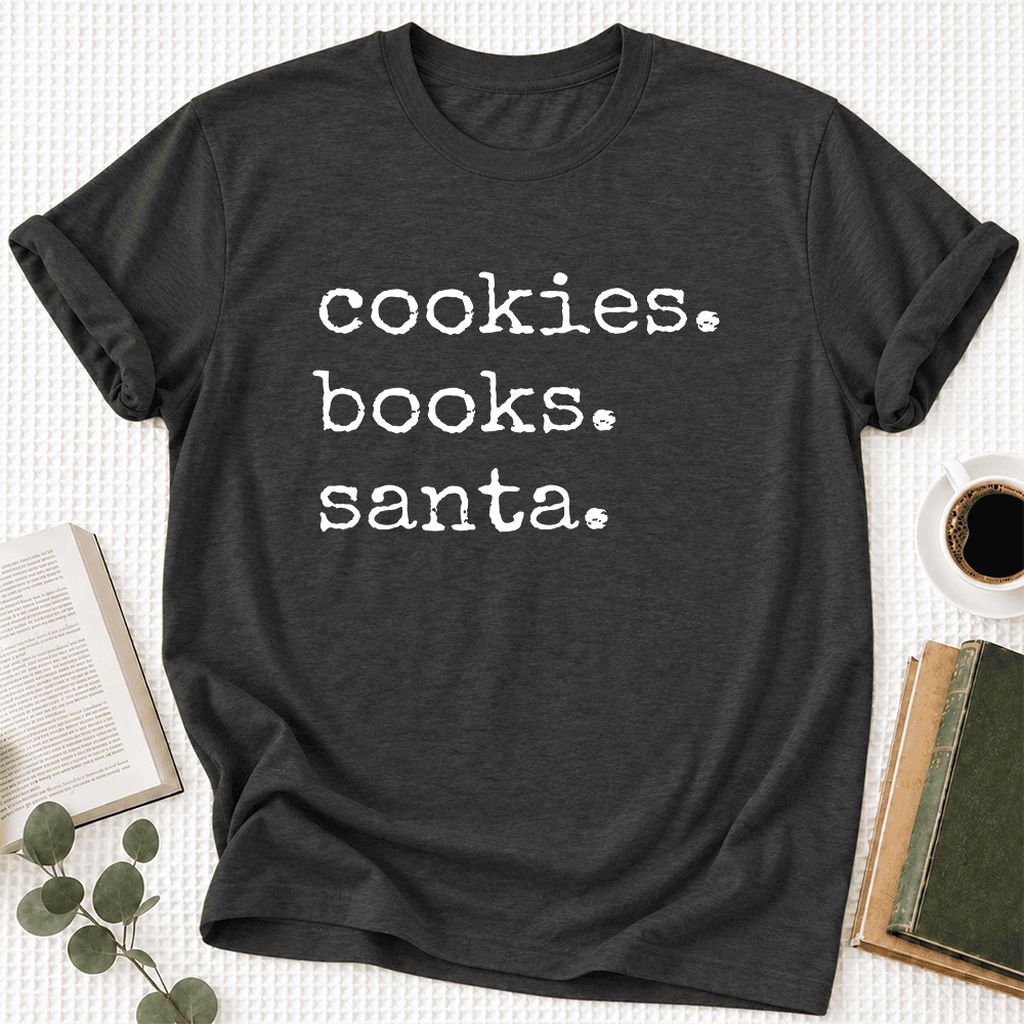 Cookies. Books. Santa. Ultra-Soft Cotton T-Shirt | Christmas Book Lover Gift Dark Grey Heather