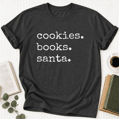Cookies. Books. Santa. Ultra-Soft Cotton T-Shirt | Christmas Book Lover Gift Dark Grey Heather