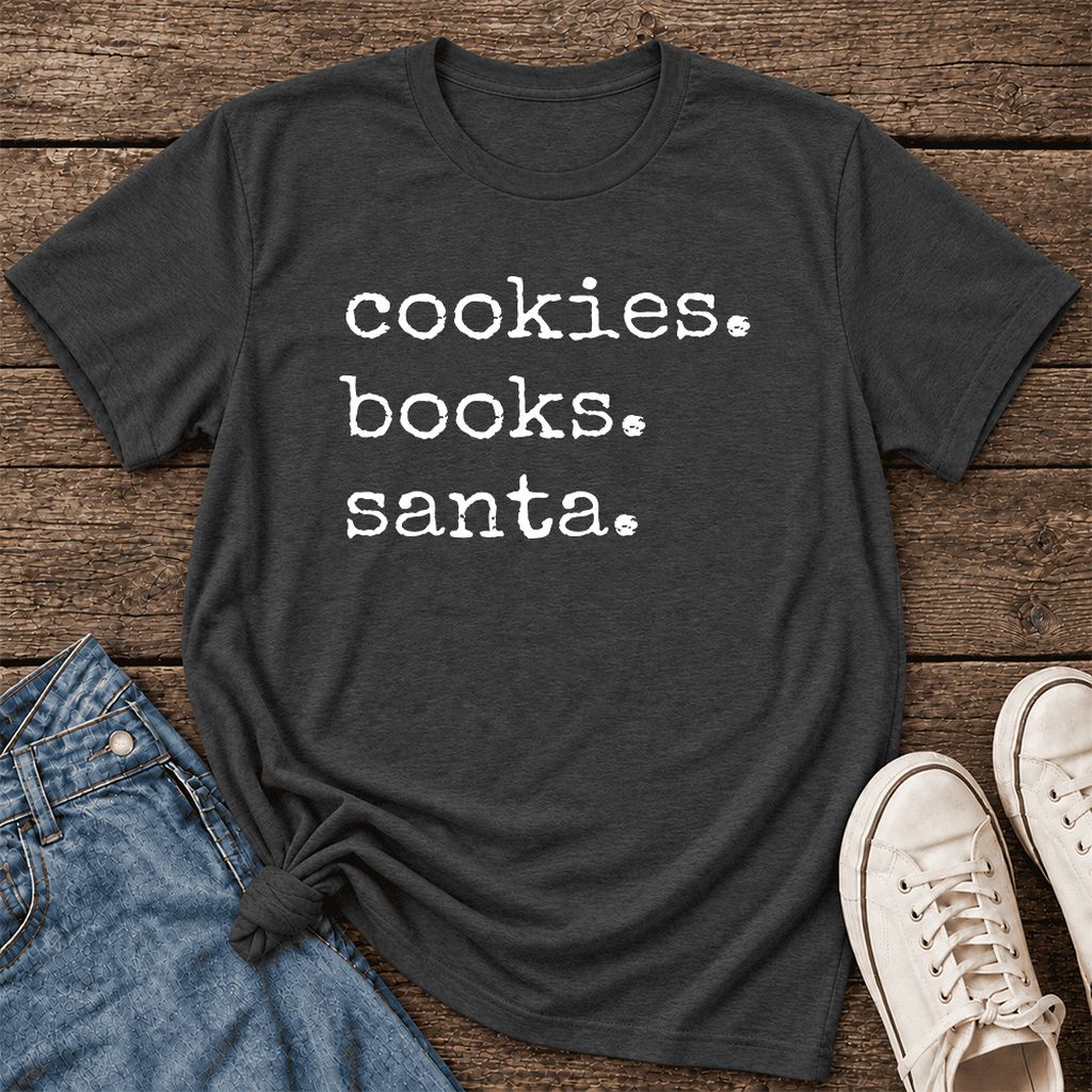 Cookies. Books. Santa. Ultra-Soft Cotton T-Shirt | Christmas Book Lover Gift Dark Grey Heather