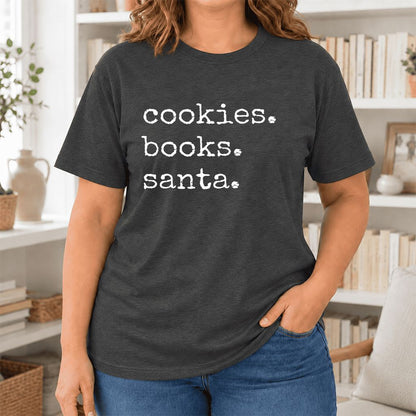 Cookies. Books. Santa. Ultra-Soft Cotton T-Shirt | Christmas Book Lover Gift Dark Grey Heather