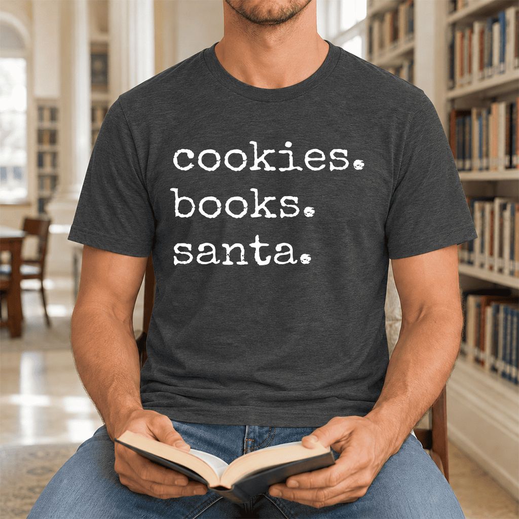 Cookies. Books. Santa. Ultra-Soft Cotton T-Shirt | Christmas Book Lover Gift Dark Grey Heather