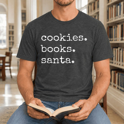 Cookies. Books. Santa. Ultra-Soft Cotton T-Shirt | Christmas Book Lover Gift Dark Grey Heather