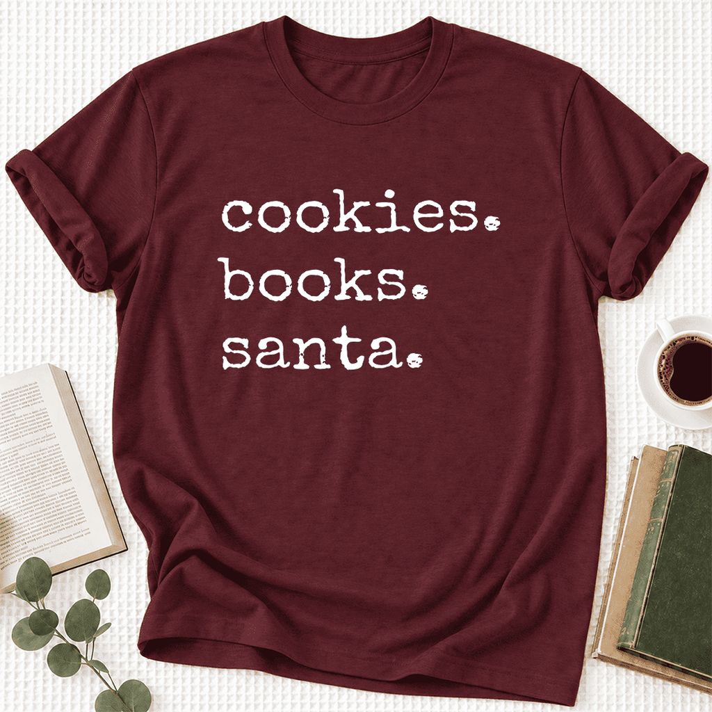 Cookies. Books. Santa. Ultra-Soft Cotton T-Shirt | Christmas Book Lover Gift Maroon