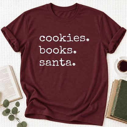 Cookies. Books. Santa. Ultra-Soft Cotton T-Shirt | Christmas Book Lover Gift Maroon