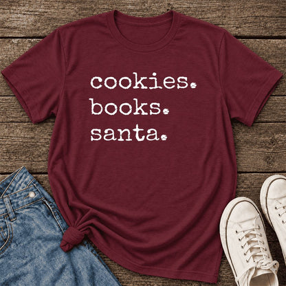 Cookies. Books. Santa. Ultra-Soft Cotton T-Shirt | Christmas Book Lover Gift Maroon