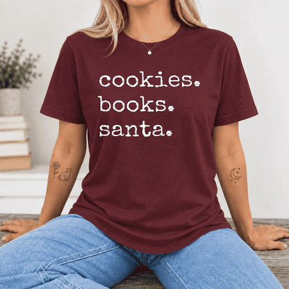 Cookies. Books. Santa. Ultra-Soft Cotton T-Shirt | Christmas Book Lover Gift Maroon