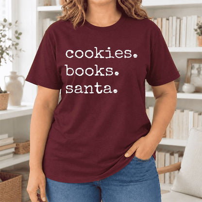 Cookies. Books. Santa. Ultra-Soft Cotton T-Shirt | Christmas Book Lover Gift Maroon