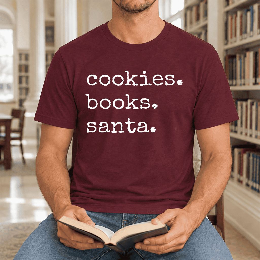 Cookies. Books. Santa. Ultra-Soft Cotton T-Shirt | Christmas Book Lover Gift Maroon