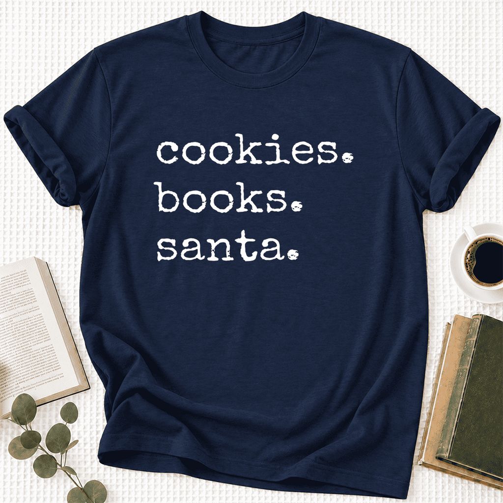 Cookies. Books. Santa. Ultra-Soft Cotton T-Shirt | Christmas Book Lover Gift Navy
