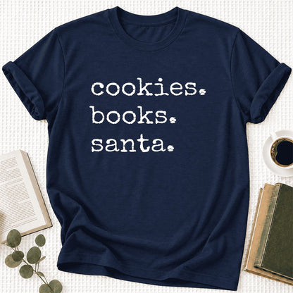 Cookies. Books. Santa. Ultra-Soft Cotton T-Shirt | Christmas Book Lover Gift Navy