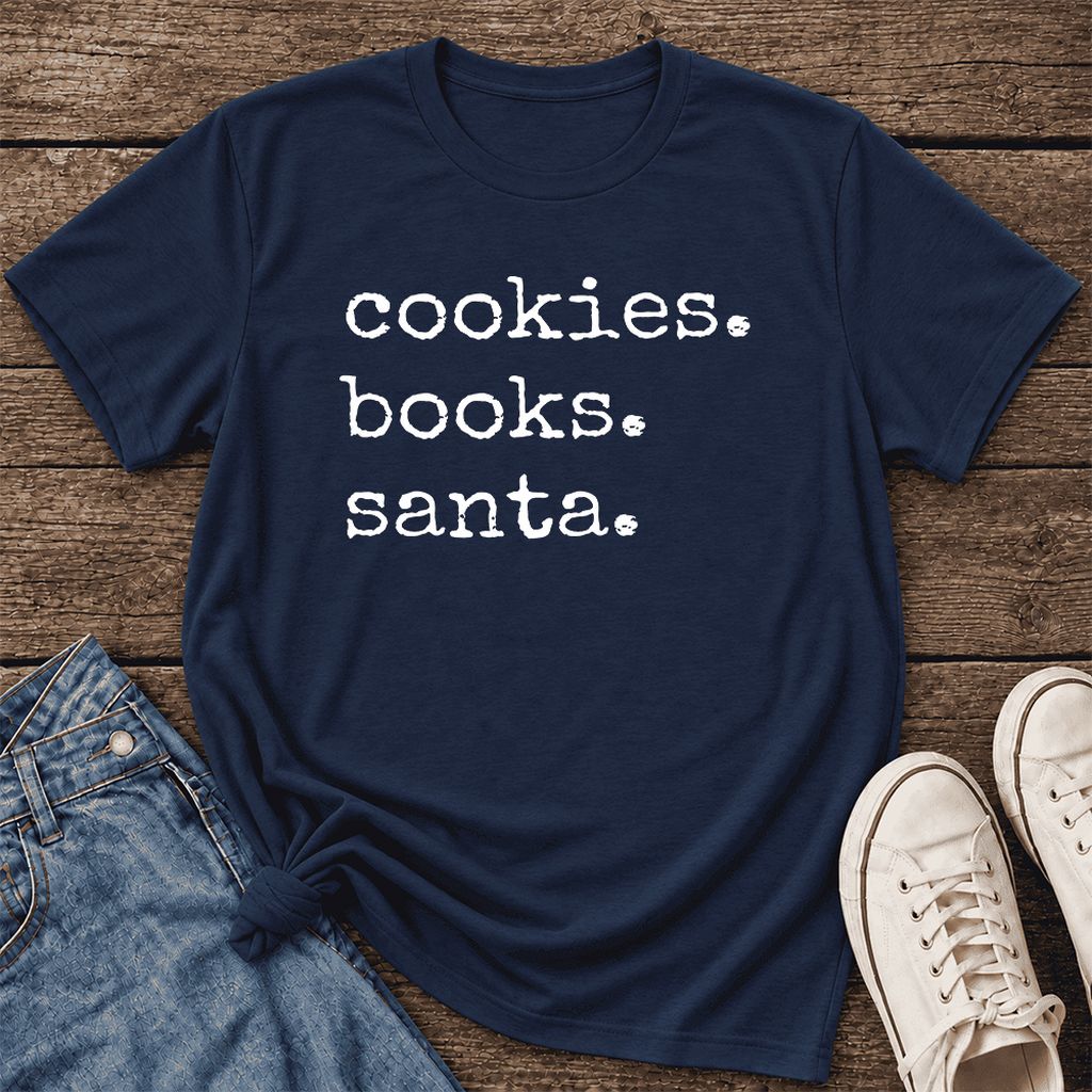Cookies. Books. Santa. Ultra-Soft Cotton T-Shirt | Christmas Book Lover Gift Navy