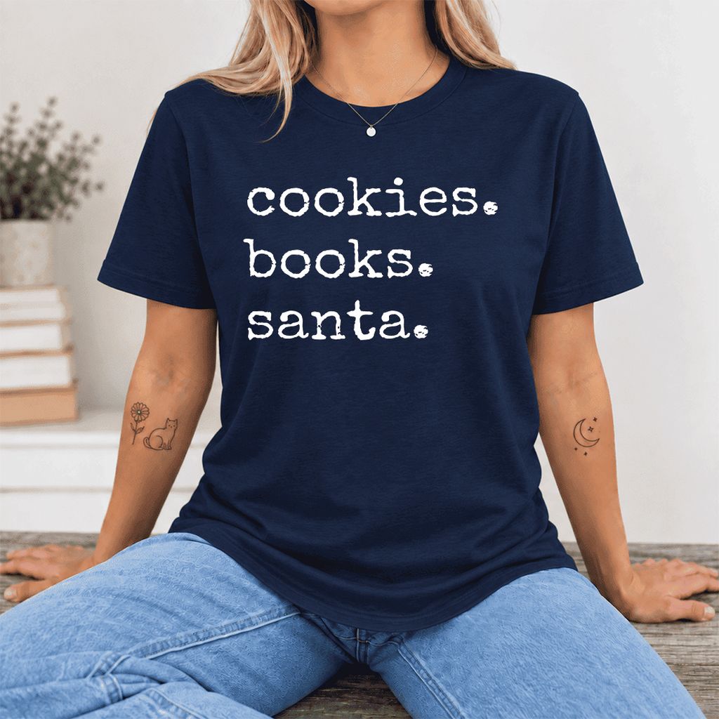 Cookies. Books. Santa. Ultra-Soft Cotton T-Shirt | Christmas Book Lover Gift Navy