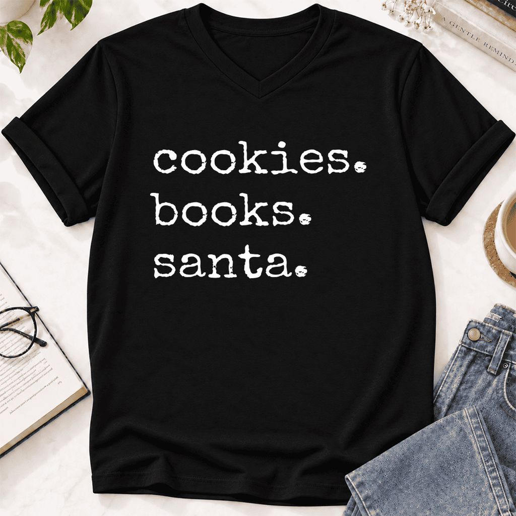 Cookies. Books. Santa. Ultra-Soft V-Neck | Christmas Book Lover Gift Black