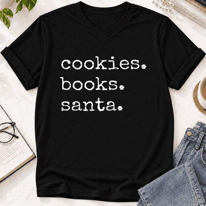 Cookies. Books. Santa. Ultra-Soft V-Neck | Christmas Book Lover Gift Black