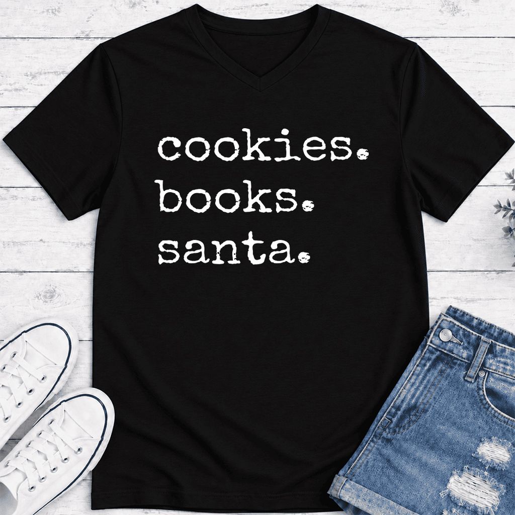 Cookies. Books. Santa. Ultra-Soft V-Neck | Christmas Book Lover Gift Black
