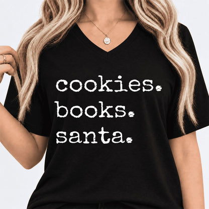 Cookies. Books. Santa. Ultra-Soft V-Neck | Christmas Book Lover Gift Black