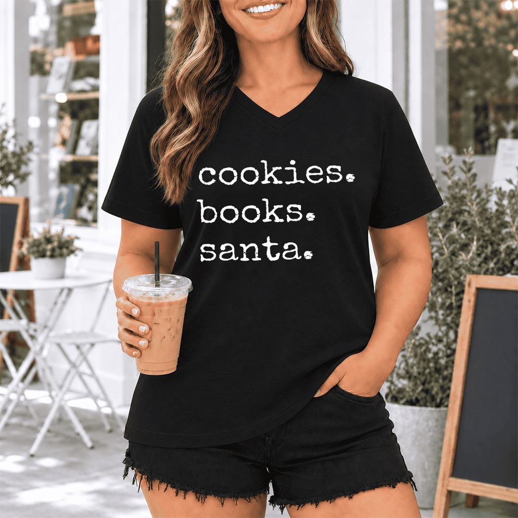 Cookies. Books. Santa. Ultra-Soft V-Neck | Christmas Book Lover Gift Black