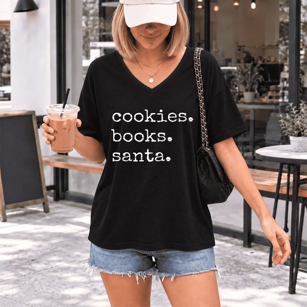 Cookies. Books. Santa. Ultra-Soft V-Neck | Christmas Book Lover Gift Black