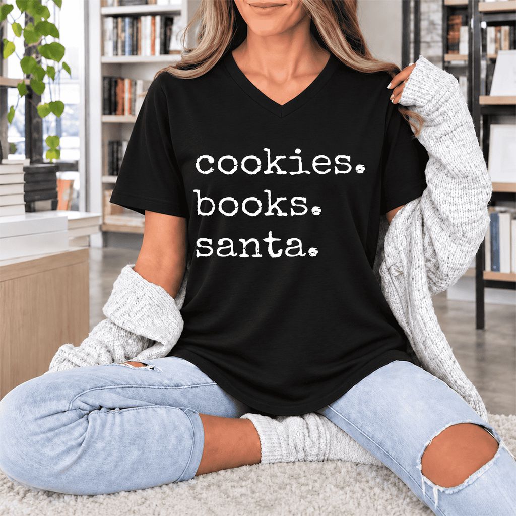 Cookies. Books. Santa. Ultra-Soft V-Neck | Christmas Book Lover Gift Black