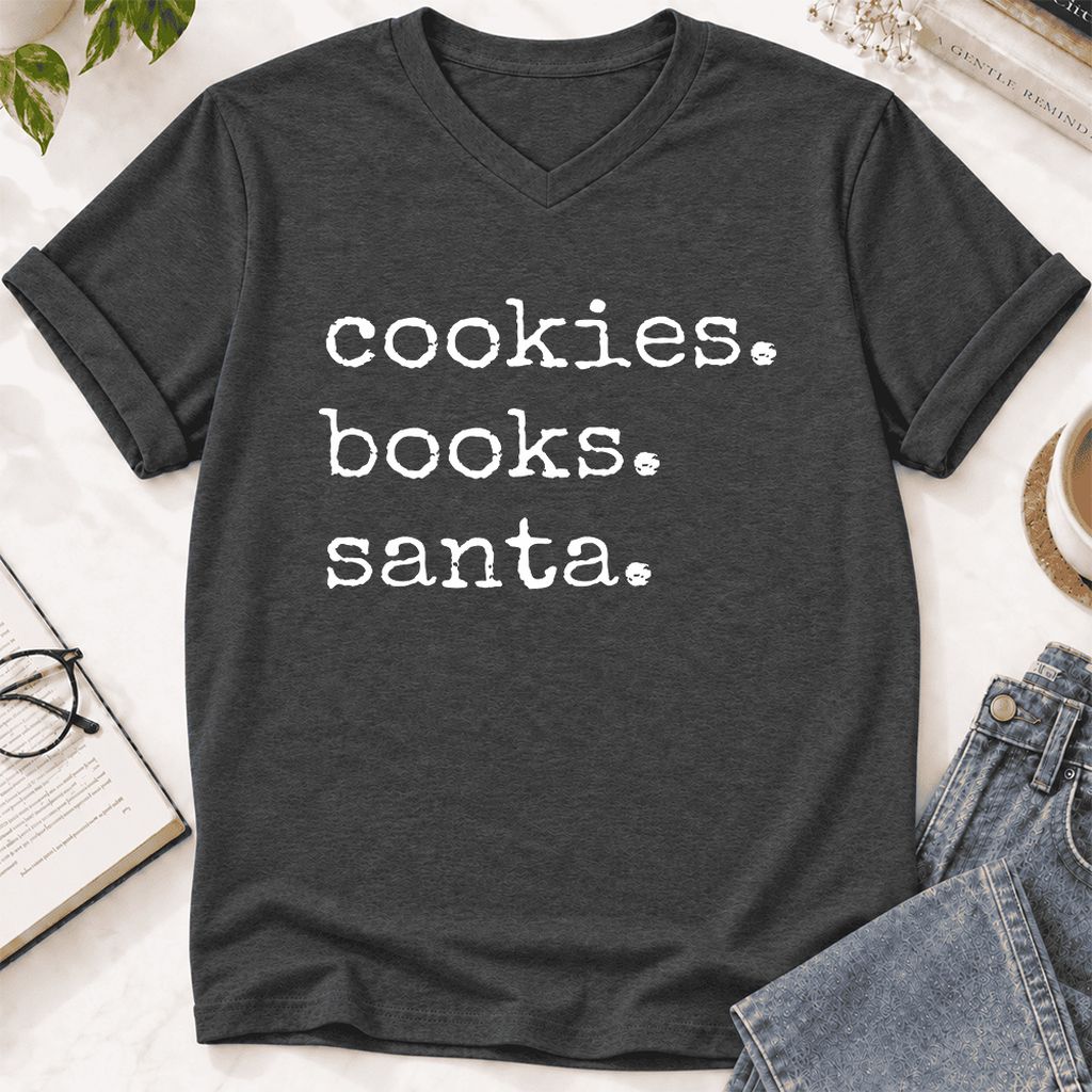 Cookies. Books. Santa. Ultra-Soft V-Neck | Christmas Book Lover Gift Dark Grey Heather