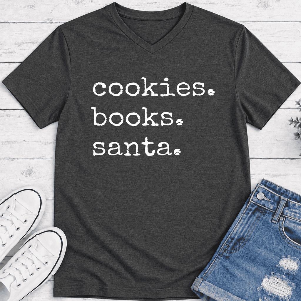Cookies. Books. Santa. Ultra-Soft V-Neck | Christmas Book Lover Gift Dark Grey Heather