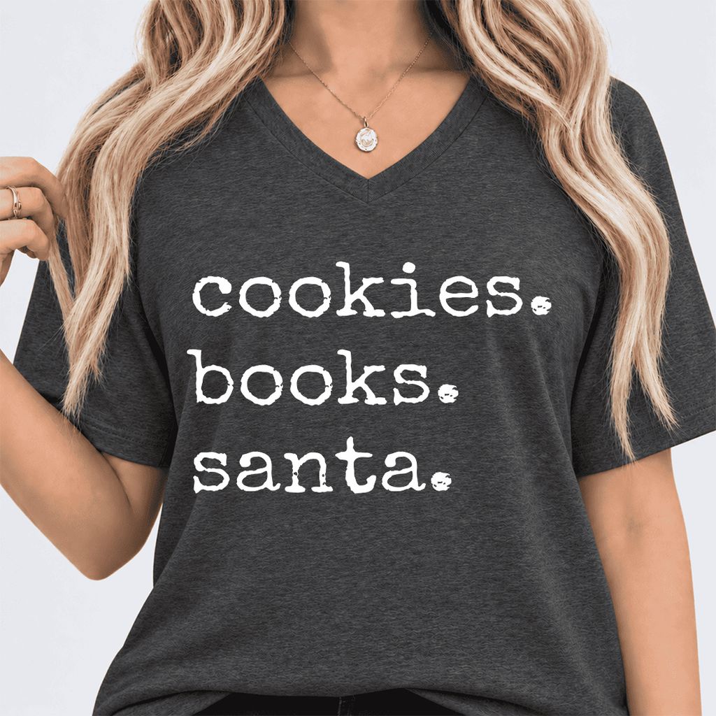 Cookies. Books. Santa. Ultra-Soft V-Neck | Christmas Book Lover Gift Dark Grey Heather