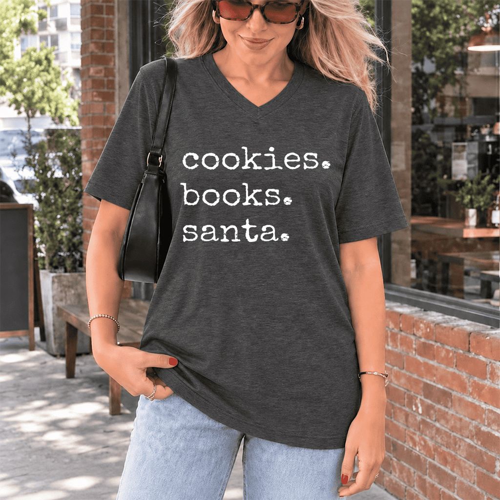 Cookies. Books. Santa. Ultra-Soft V-Neck | Christmas Book Lover Gift Dark Grey Heather