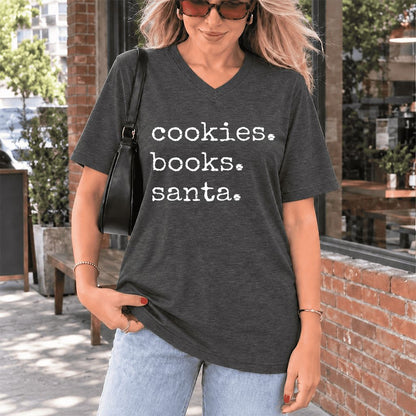 Cookies. Books. Santa. Ultra-Soft V-Neck | Christmas Book Lover Gift Dark Grey Heather