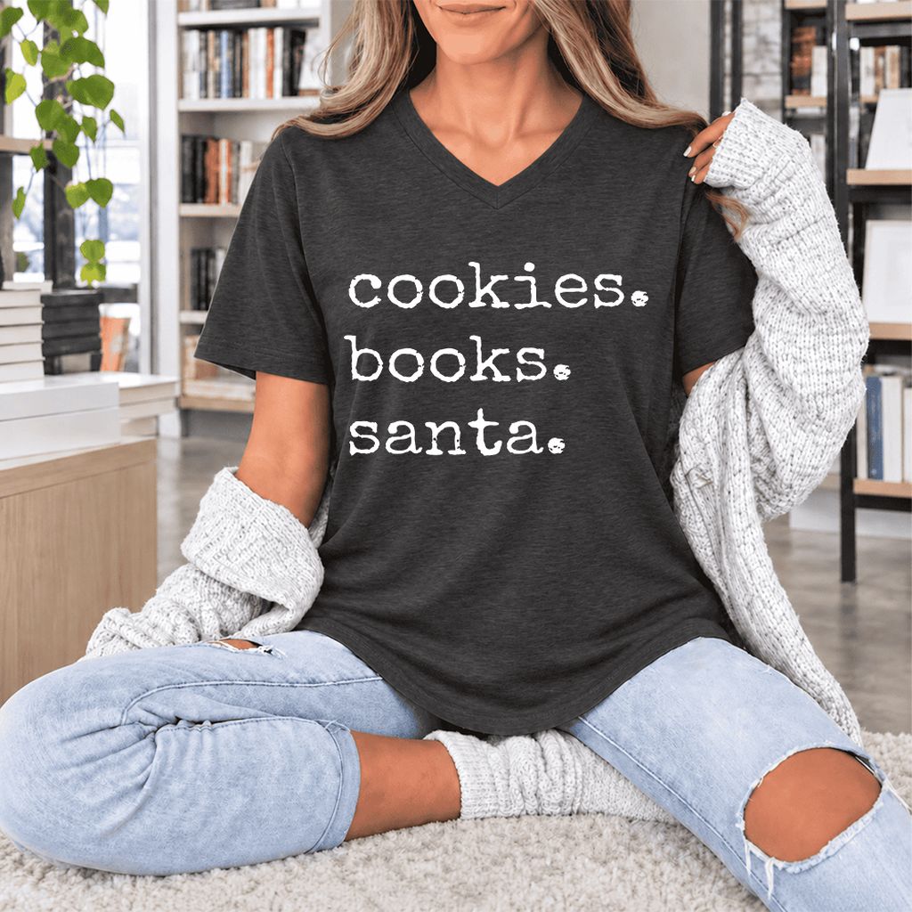 Cookies. Books. Santa. Ultra-Soft V-Neck | Christmas Book Lover Gift Dark Grey Heather
