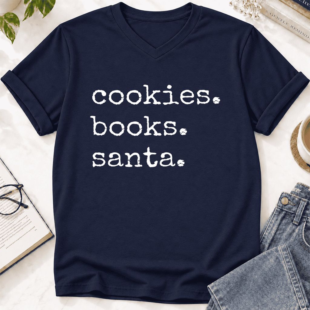 Cookies. Books. Santa. Ultra-Soft V-Neck | Christmas Book Lover Gift Navy