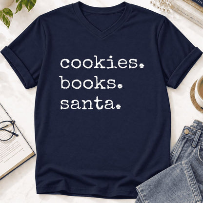 Cookies. Books. Santa. Ultra-Soft V-Neck | Christmas Book Lover Gift Navy