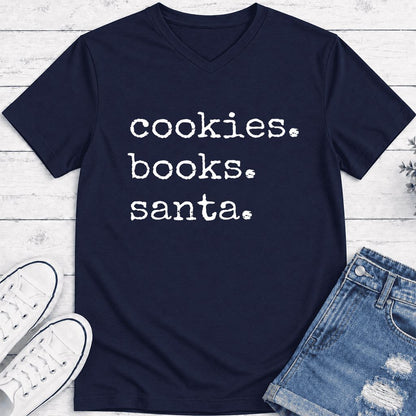 Cookies. Books. Santa. Ultra-Soft V-Neck | Christmas Book Lover Gift Navy