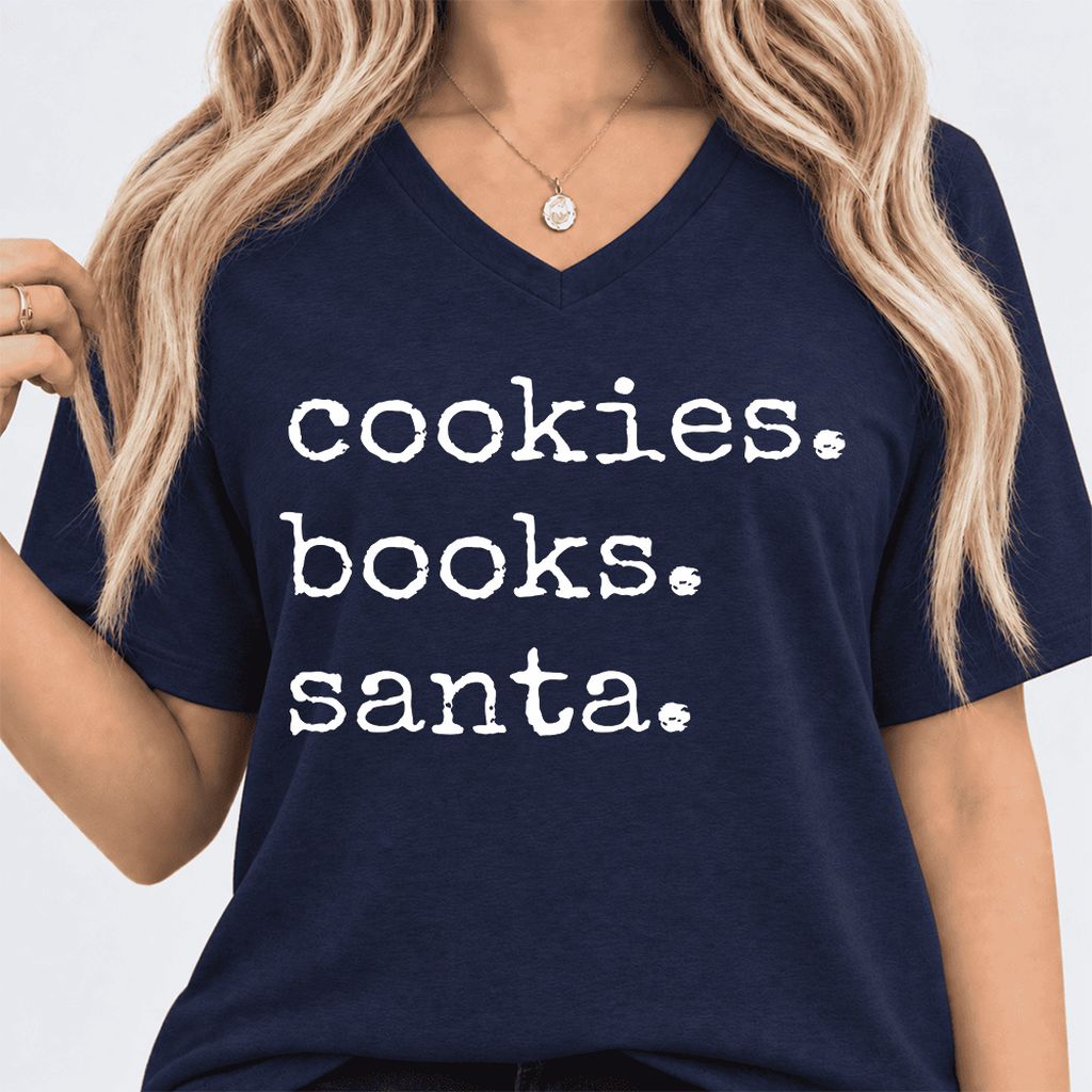 Cookies. Books. Santa. Ultra-Soft V-Neck | Christmas Book Lover Gift Navy