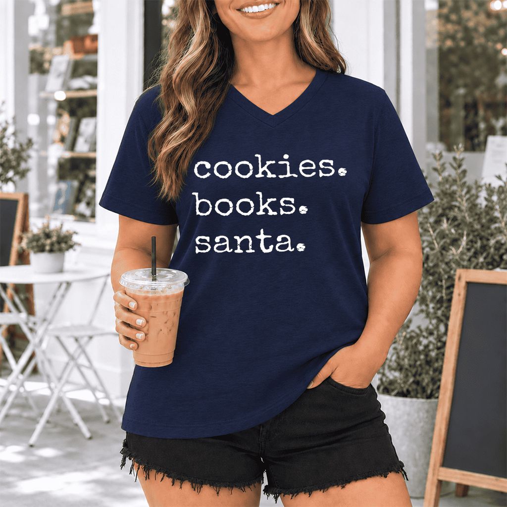 Cookies. Books. Santa. Ultra-Soft V-Neck | Christmas Book Lover Gift Navy