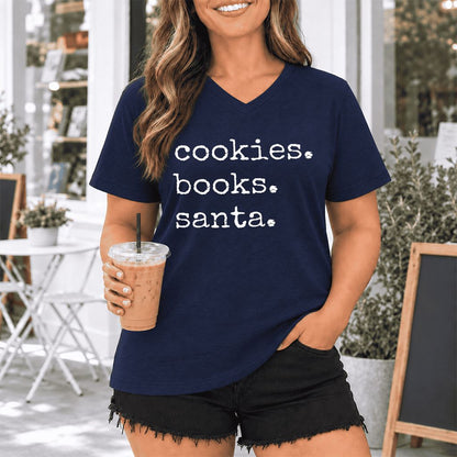 Cookies. Books. Santa. Ultra-Soft V-Neck | Christmas Book Lover Gift Navy