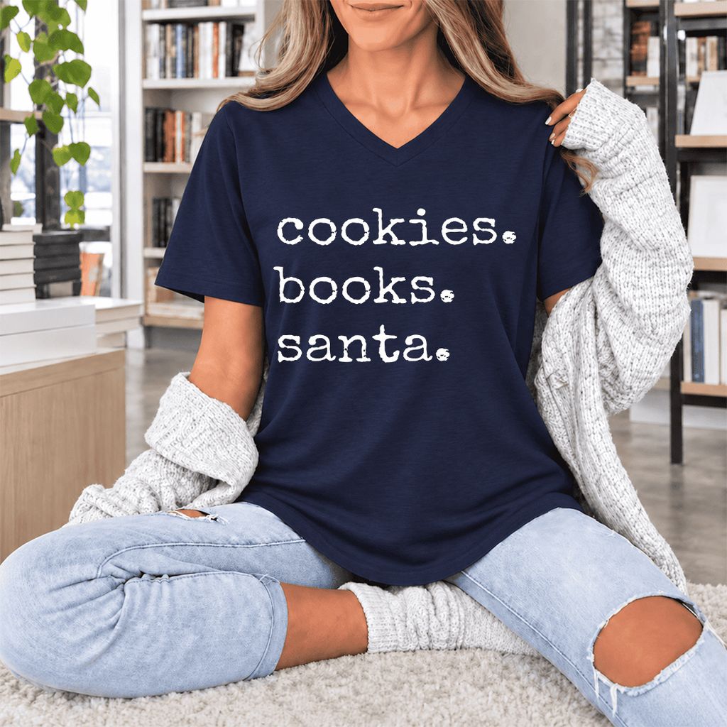 Cookies. Books. Santa. Ultra-Soft V-Neck | Christmas Book Lover Gift Navy