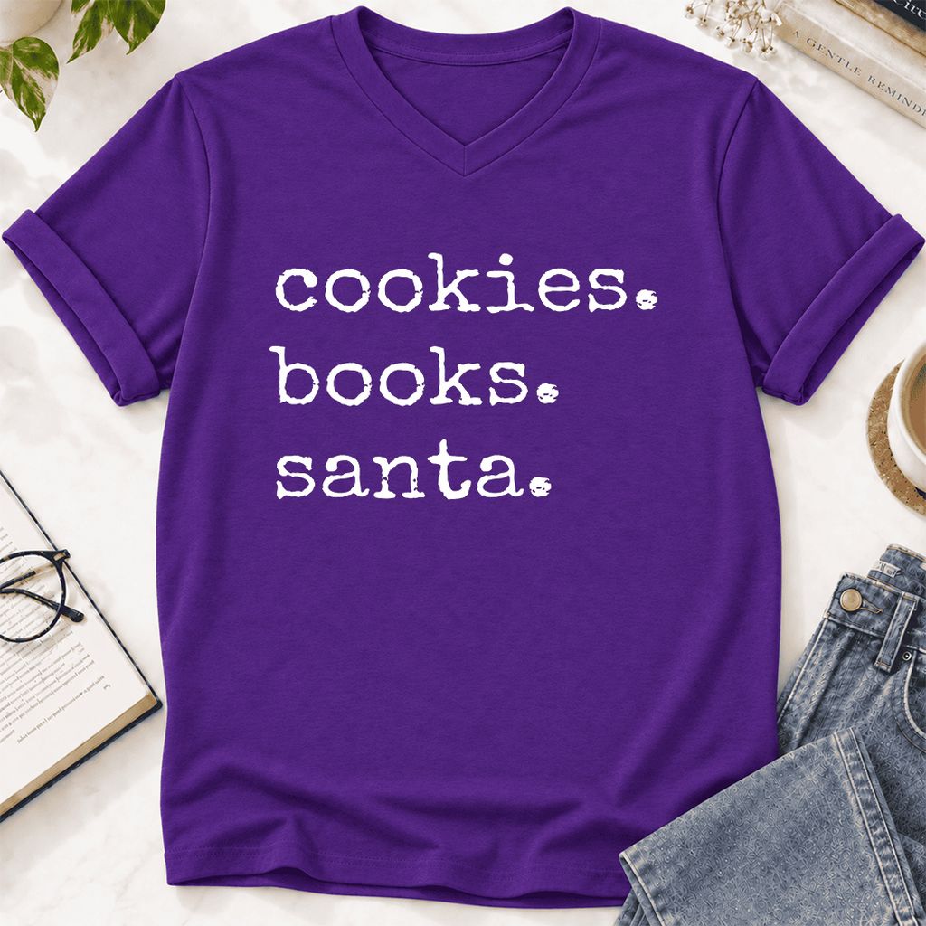 Cookies. Books. Santa. Ultra-Soft V-Neck | Christmas Book Lover Gift Team Purple