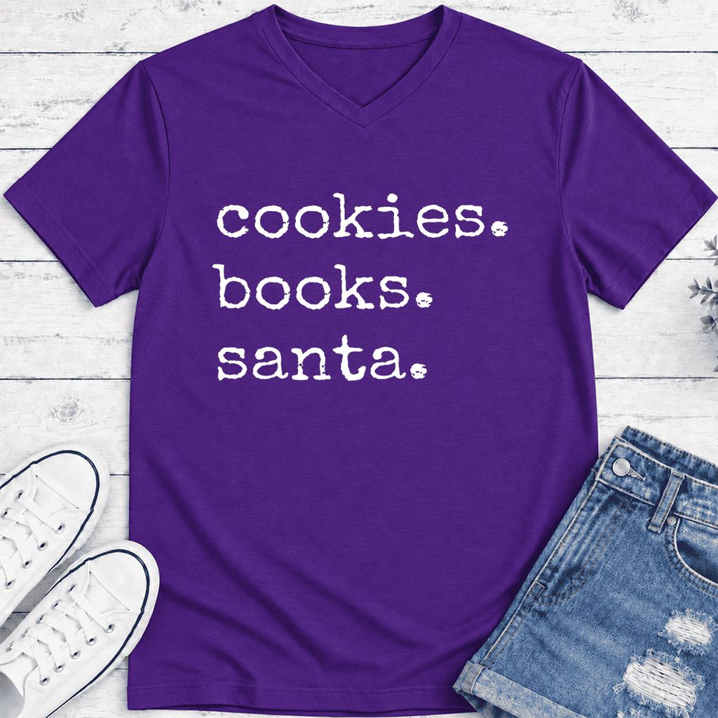 Cookies. Books. Santa. Ultra-Soft V-Neck | Christmas Book Lover Gift Team Purple