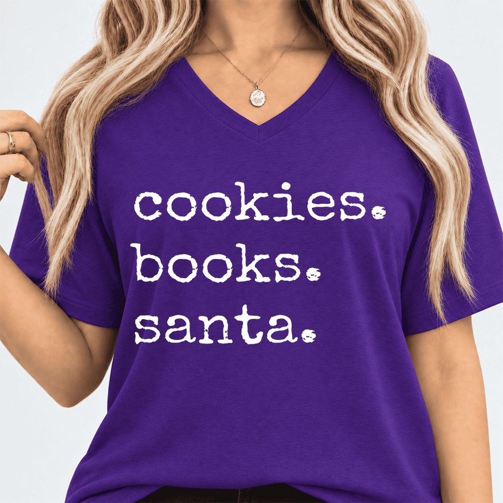 Cookies. Books. Santa. Ultra-Soft V-Neck | Christmas Book Lover Gift Team Purple