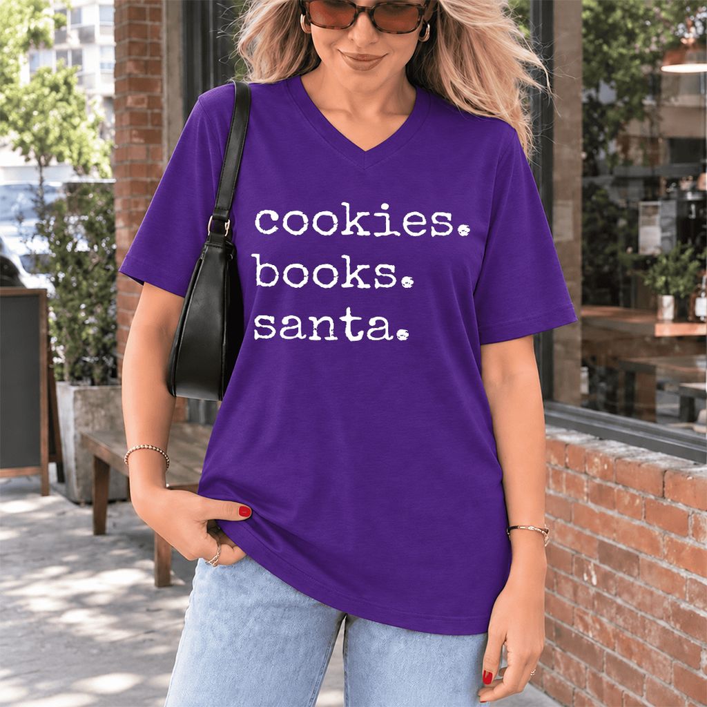 Cookies. Books. Santa. Ultra-Soft V-Neck | Christmas Book Lover Gift Team Purple