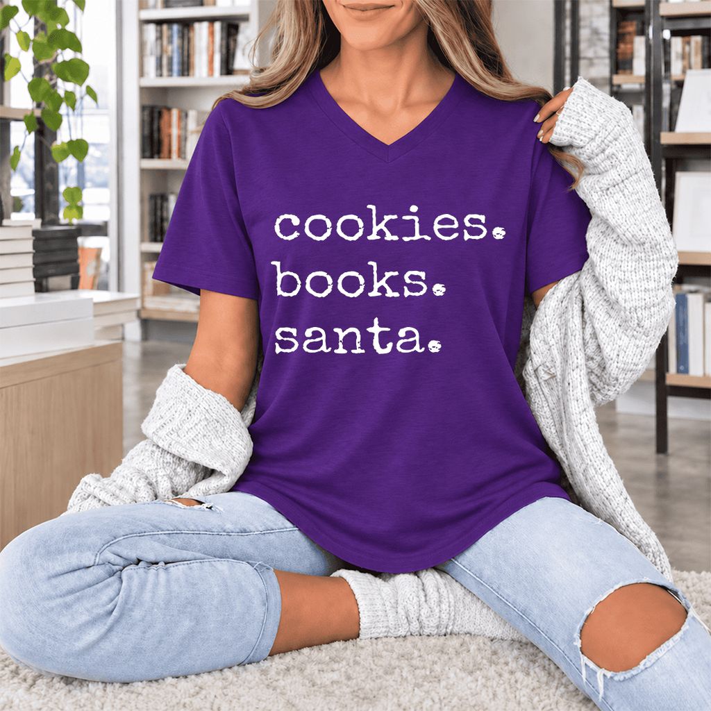 Cookies. Books. Santa. Ultra-Soft V-Neck | Christmas Book Lover Gift Team Purple