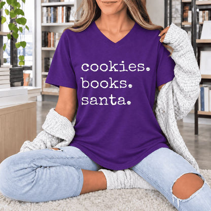 Cookies. Books. Santa. Ultra-Soft V-Neck | Christmas Book Lover Gift Team Purple