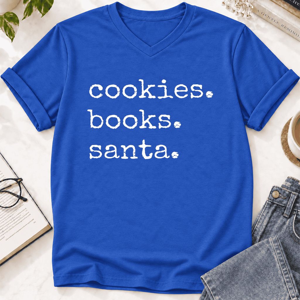 Cookies. Books. Santa. Ultra-Soft V-Neck | Christmas Book Lover Gift True Royal